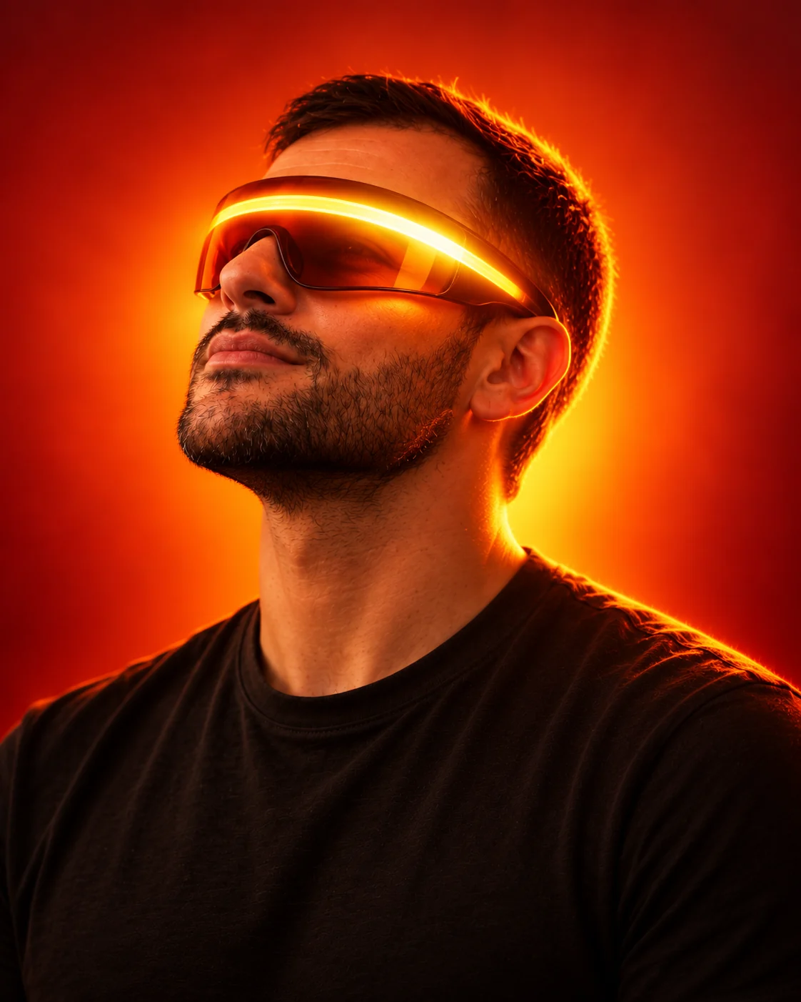Ricardo Costa a olhar para cima, com óculos luminosos e luz laranja de fundo